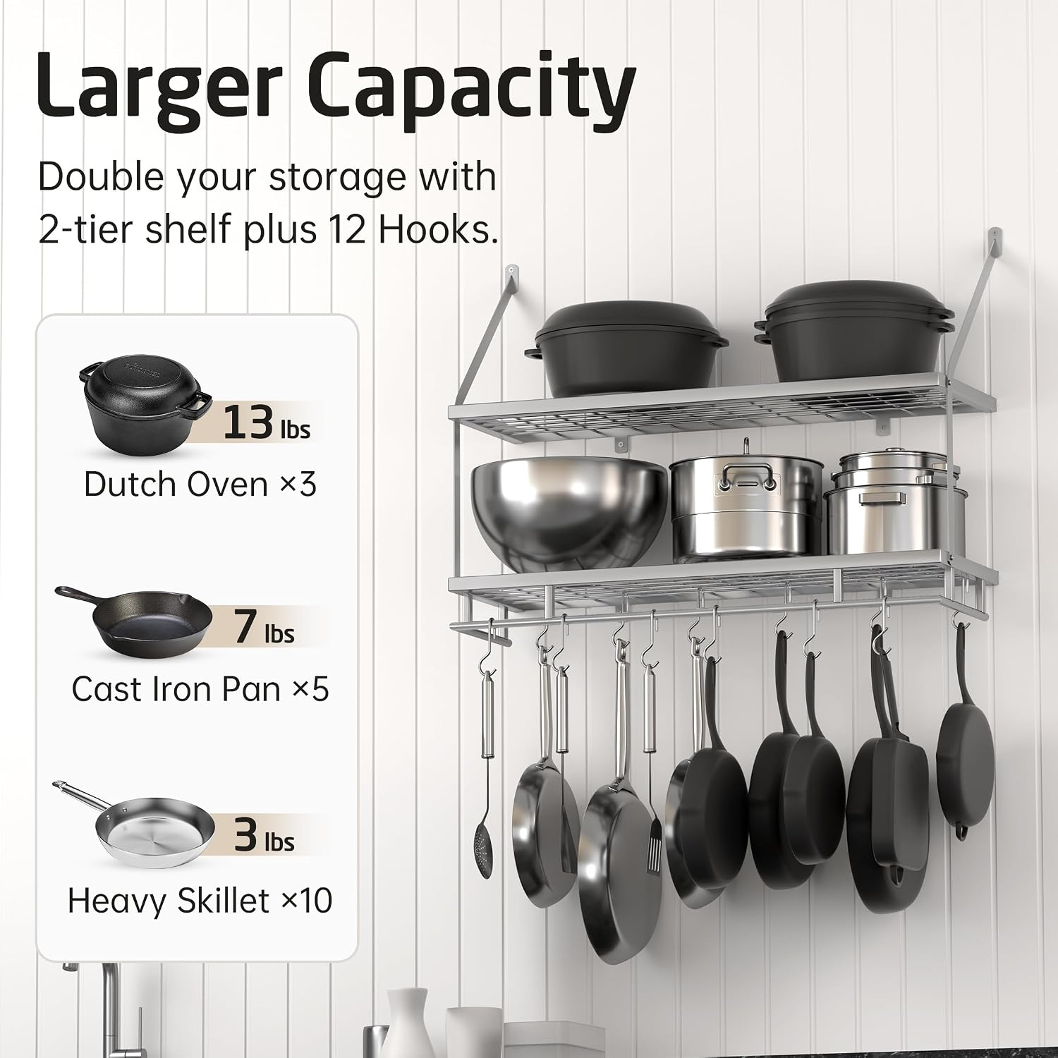 Double-Layer Wall-Mounted Pot Rack with Hooks - Image 2